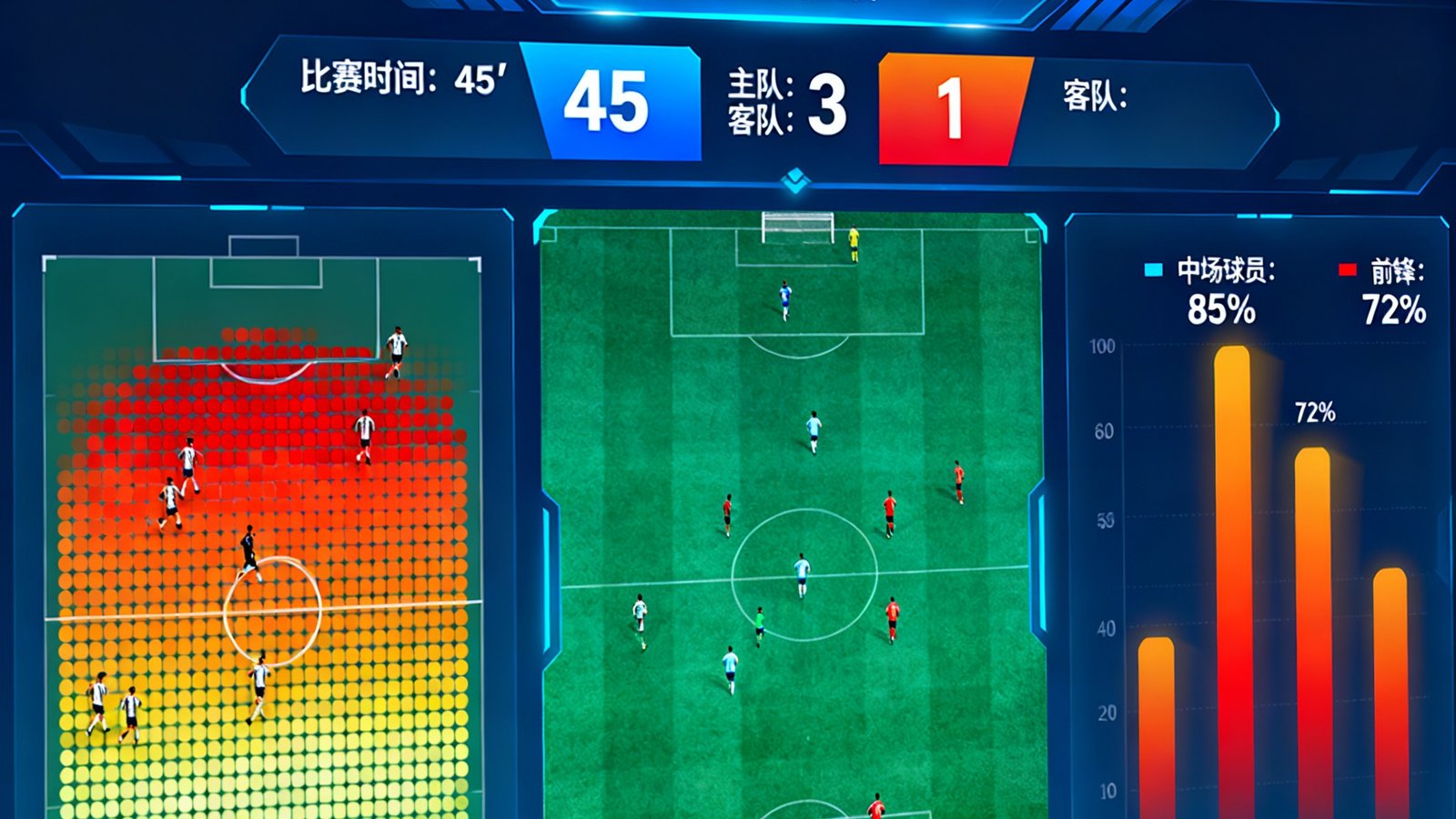 一个充满科技感的数据可视化界面，展示着实时比分面板、球员跑动热力图和传球成功率统计，数据以动态图表形式呈现，色彩鲜明层次清晰，体现开云app强大的数据分析能力。